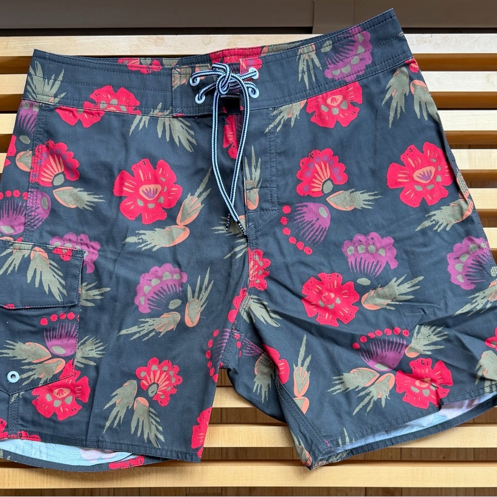 Brixton Black Swim Board Shorts with Red & Purple Floral Print